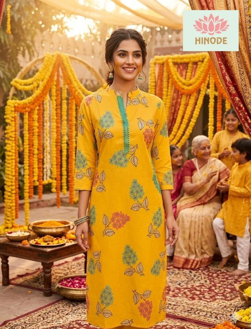 Mustard Yellow Floral Modal Muslin Straight Kurti with Aari Embroidery work