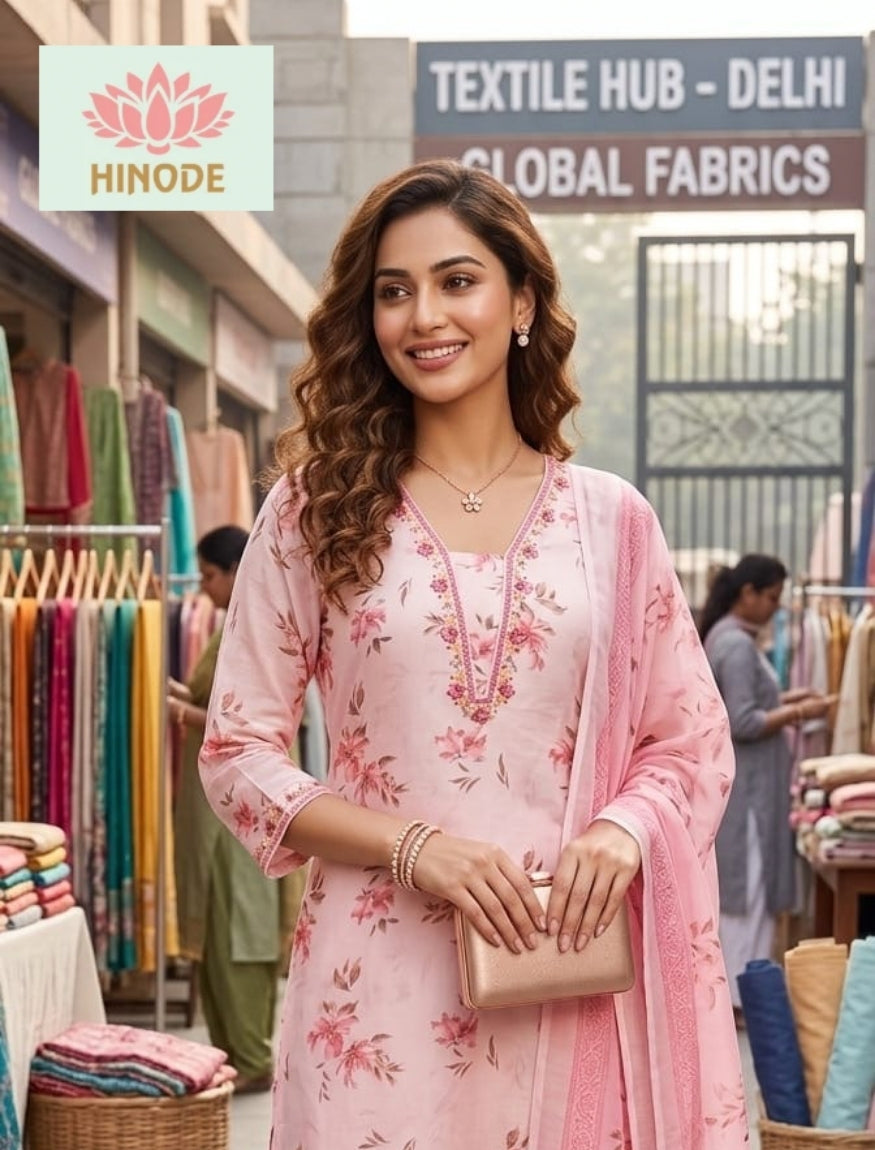 Blush Pink Floral Cotton Linen Embroidered Suit Set