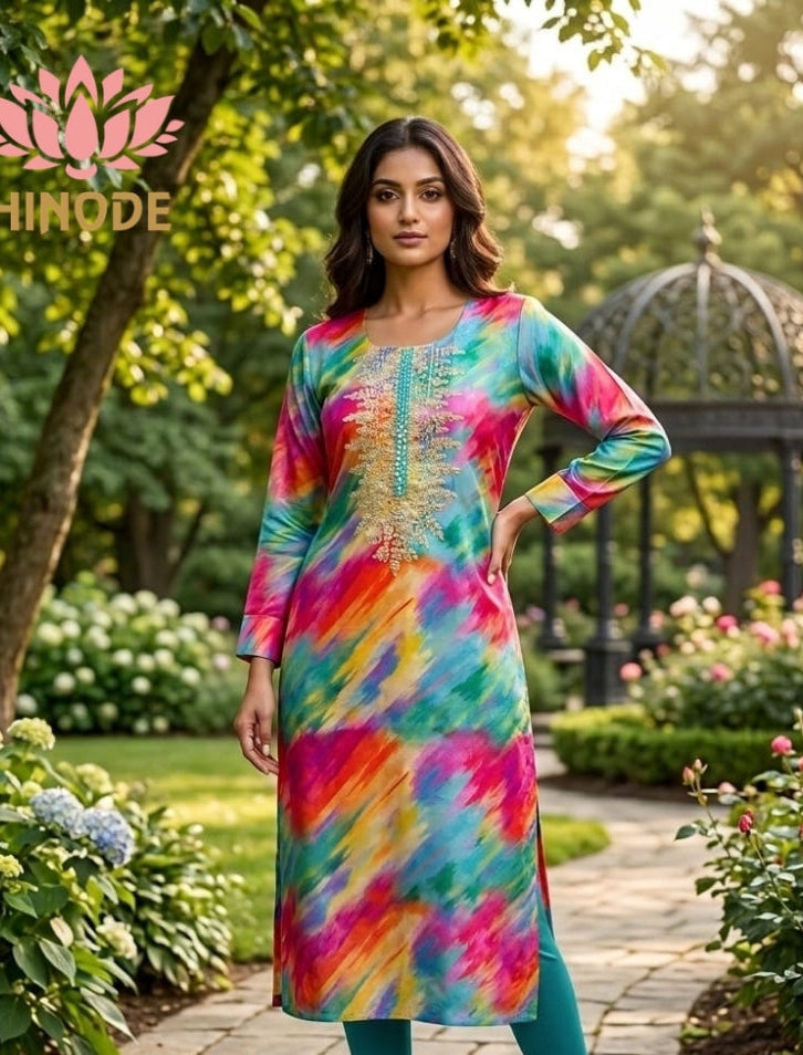 Prism Splash Silk Jacquard Straight-Cut Kurti with Neck Embroidery
