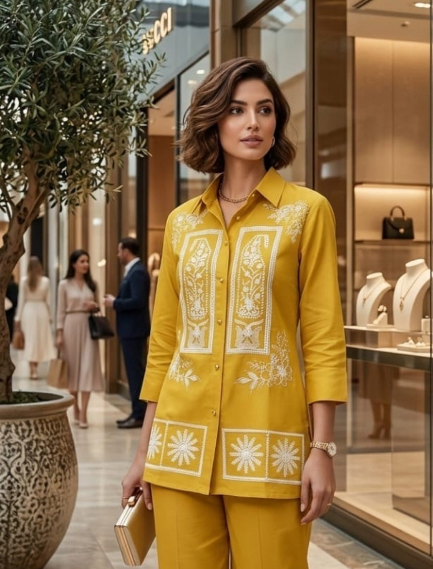 Marigold Threadwork Collared Kurti & <br>Straight Pant Set