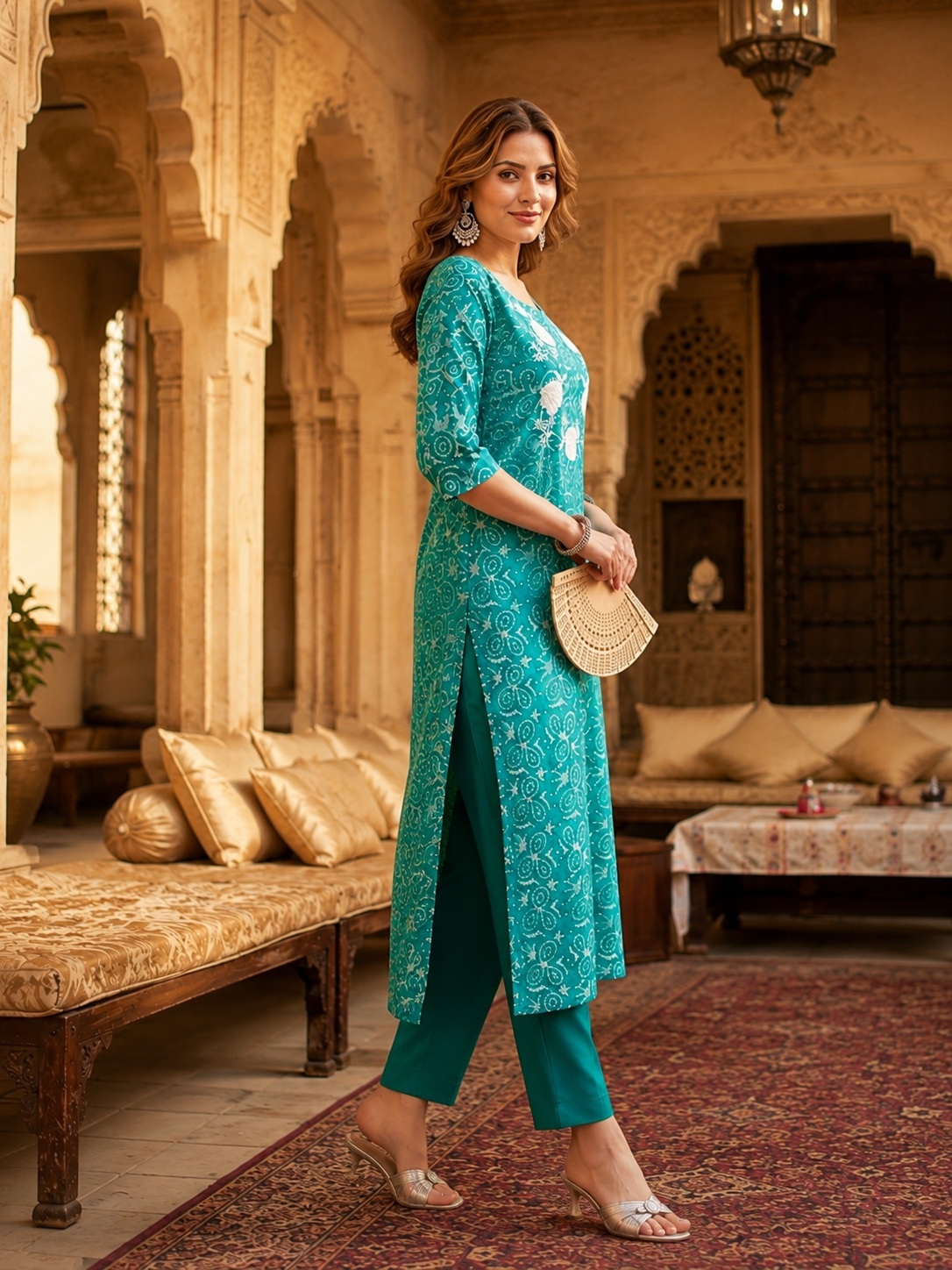 Emerald Green Maslin Silk Hand-Batik Kurti with Floral Embroidery