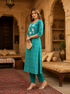 Emerald Green Maslin Silk Hand-Batik Kurti with Floral Embroidery