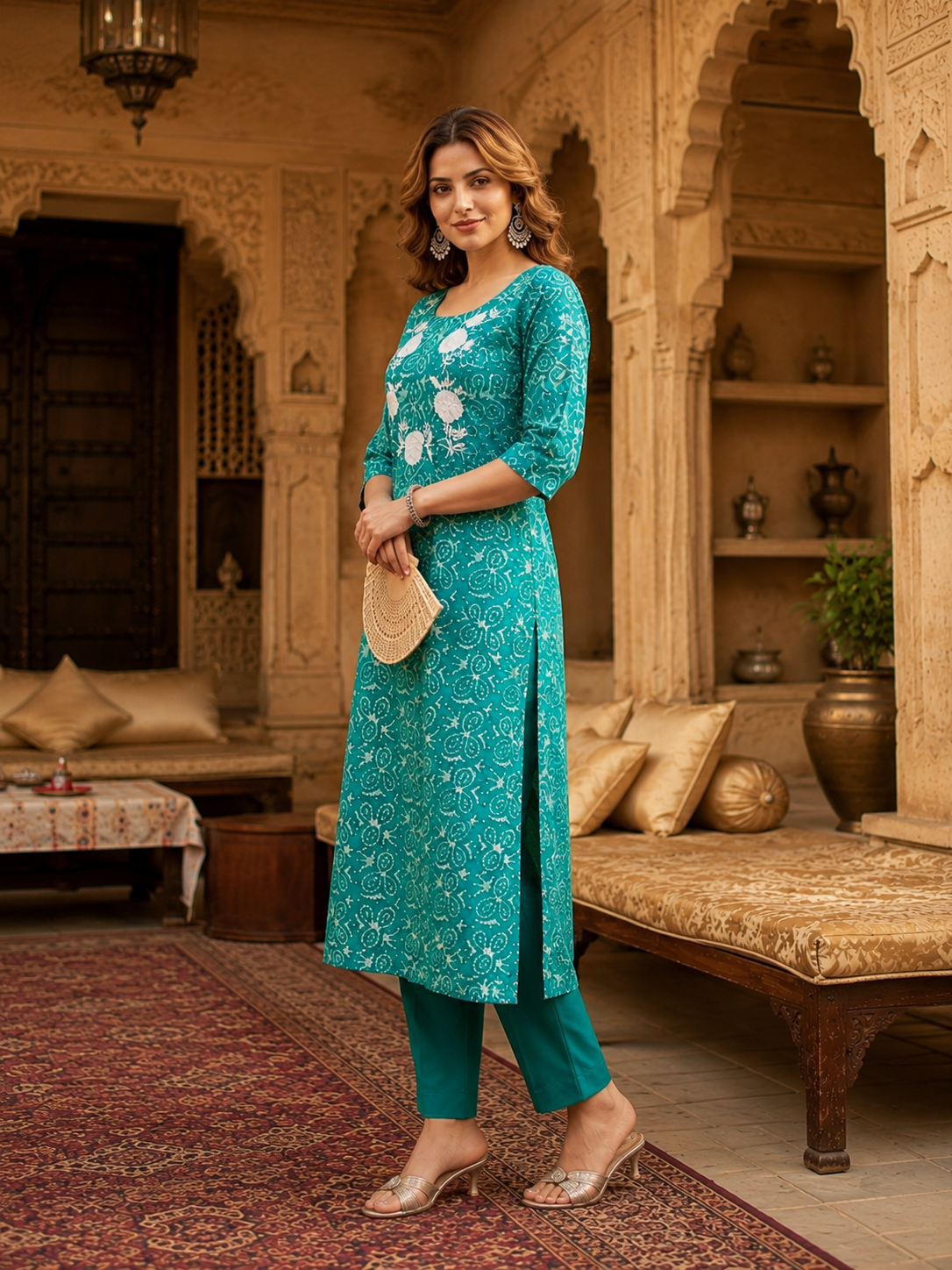 Emerald Green Maslin Silk Hand-Batik Kurti with Floral Embroidery