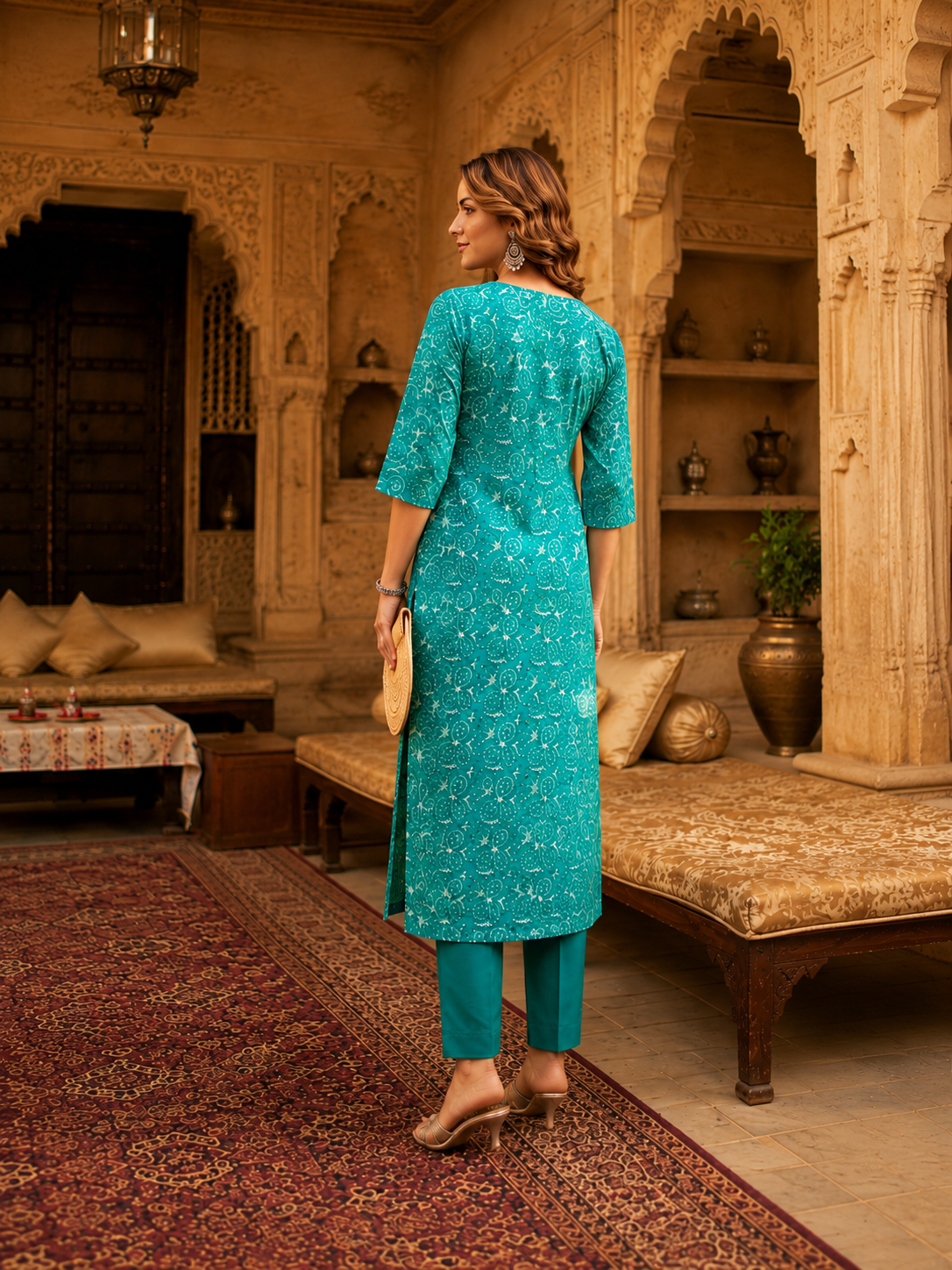 Emerald Green Maslin Silk Hand-Batik Kurti with Floral Embroidery