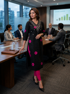 Midnight Black Muslin Straight-Cut Kurti <br>with Handwork