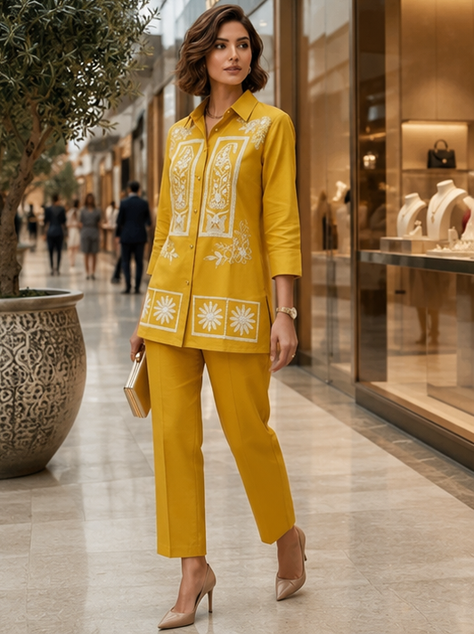 Marigold Threadwork Collared Kurti & <br>Straight Pant Set