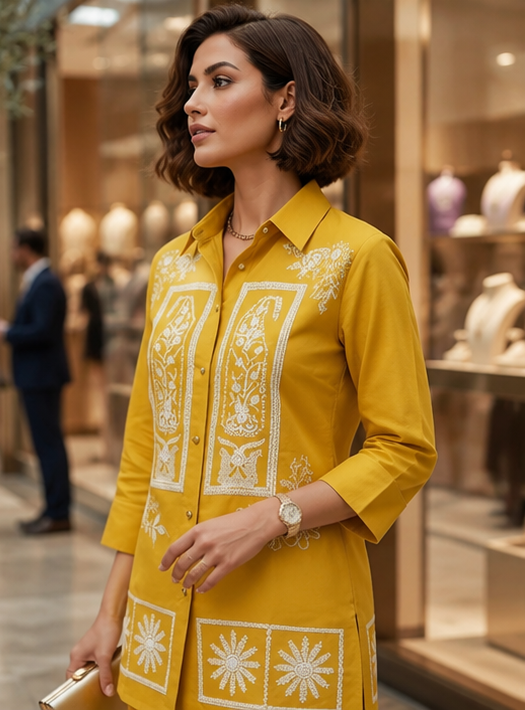 Marigold Threadwork Collared Kurti & <br>Straight Pant Set
