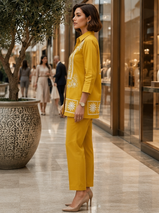 Marigold Threadwork Collared Kurti & <br>Straight Pant Set