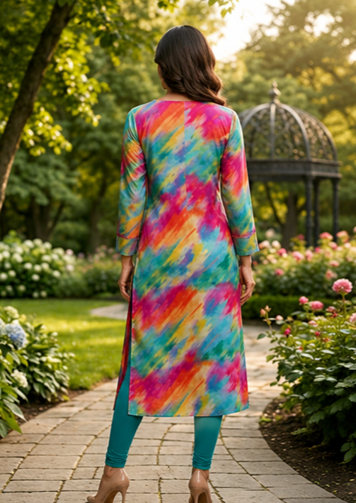 Prism Splash Silk Jacquard Straight-Cut Kurti with Neck Embroidery