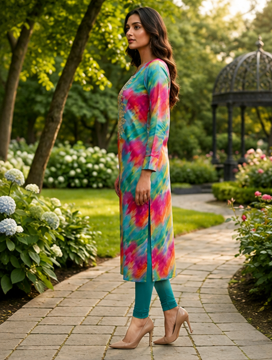 Prism Splash Silk Jacquard Straight-Cut Kurti with Neck Embroidery