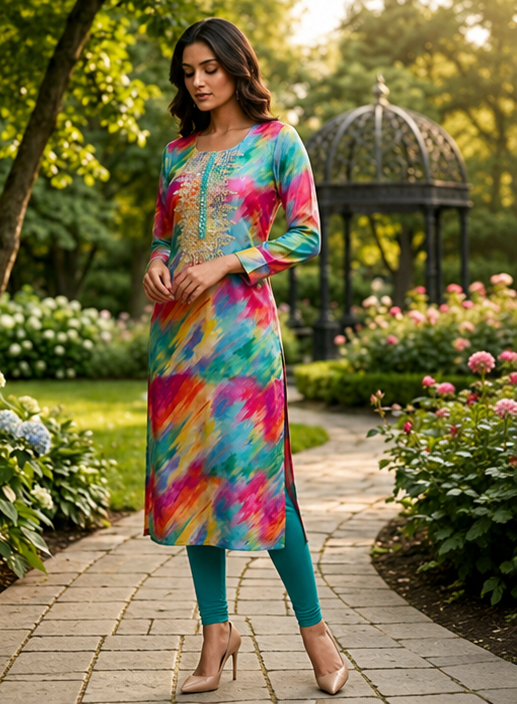Prism Splash Silk Jacquard Straight-Cut Kurti with Neck Embroidery
