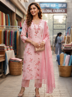 Blush Pink Floral Cotton Linen Embroidered Suit Set