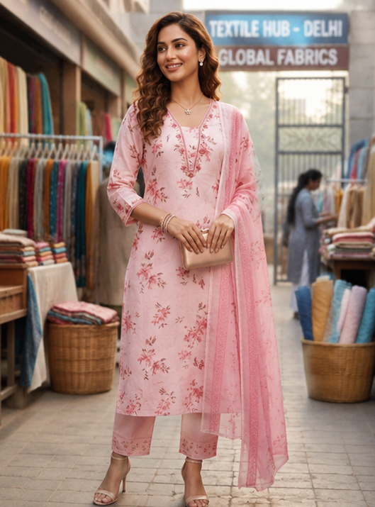 Blush Pink Floral Cotton Linen Embroidered Suit Set