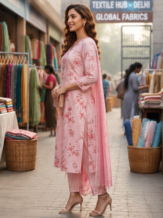 Blush Pink Floral Cotton Linen Embroidered Suit Set