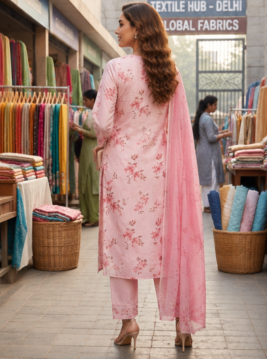 Blush Pink Floral Cotton Linen Embroidered Suit Set