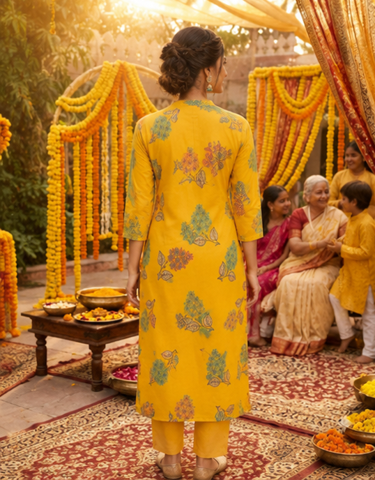 Mustard Yellow Floral Modal Muslin Straight Kurti with Aari Embroidery work