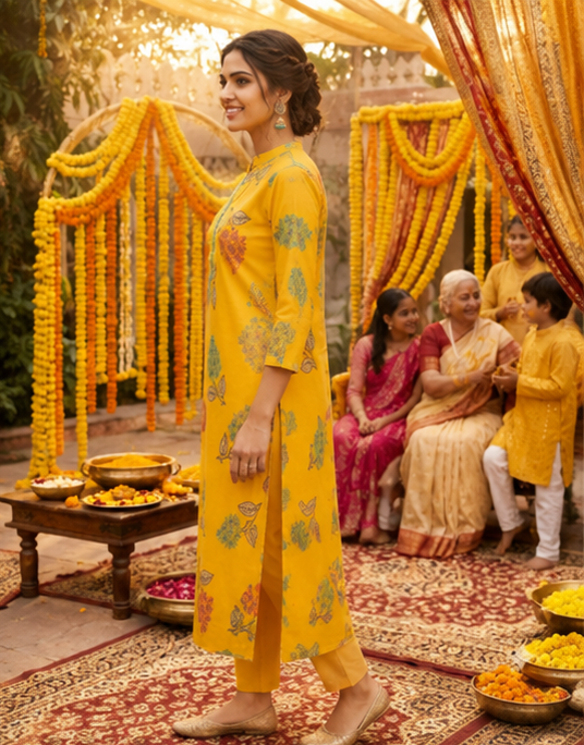 Mustard Yellow Floral Modal Muslin Straight Kurti with Aari Embroidery work