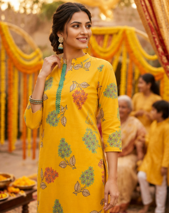 Mustard Yellow Floral Modal Muslin Straight Kurti with Aari Embroidery work