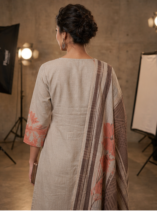 Earth Bloom  Thread Work Cotton Kurta Set with Cotton Silk Dupatta