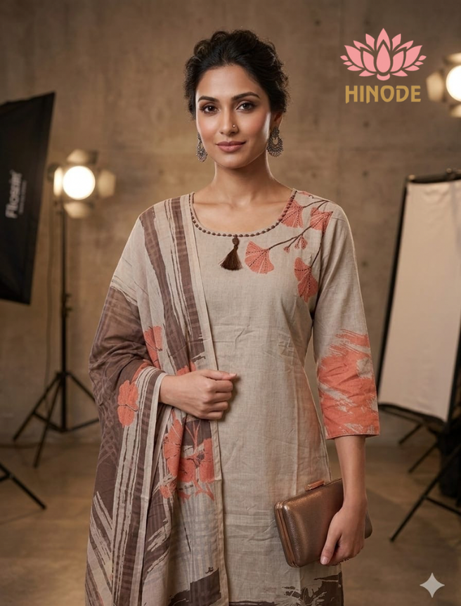 Earth Bloom  Thread Work Cotton Kurta Set with Cotton Silk Dupatta